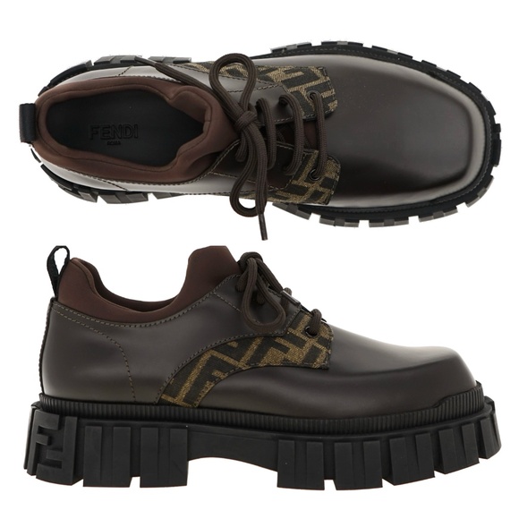 Fendi Force Lace-Up FF Panelled Shoes Brown Leather Size 9 New main image 6